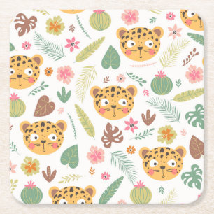 Leopard Head Tropical Plants Pattern Square Paper Coaster