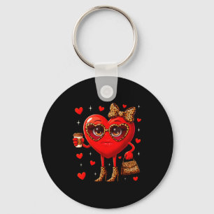 Leopard Heart Drinking Coffee Valentines Day Women Keychain