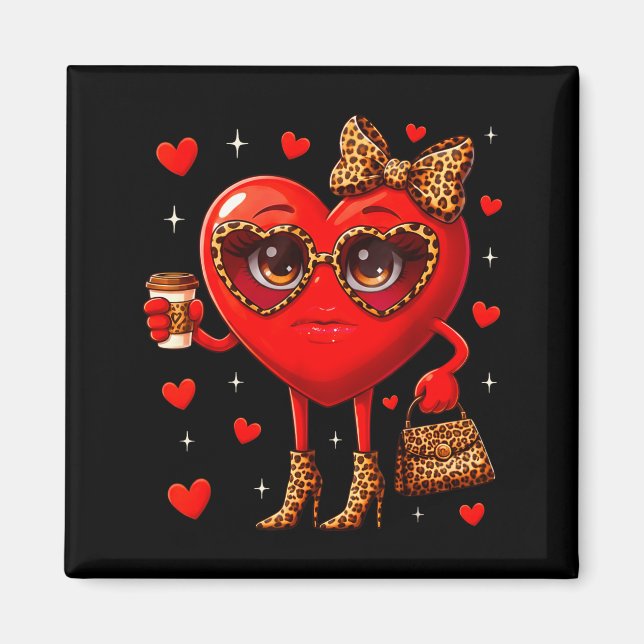 Leopard Heart Drinking Coffee Valentines Day Women Magnet (Front)