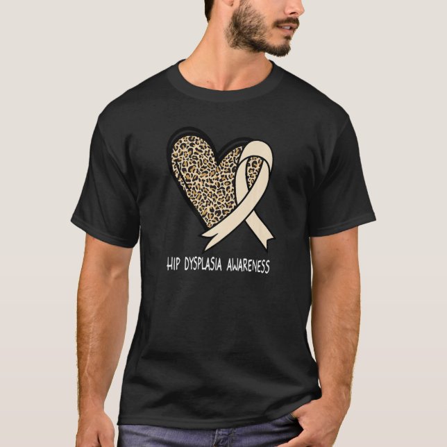 Leopard Heart Hip Dysplasia Awareness Cream Ribbon T-Shirt (Front)