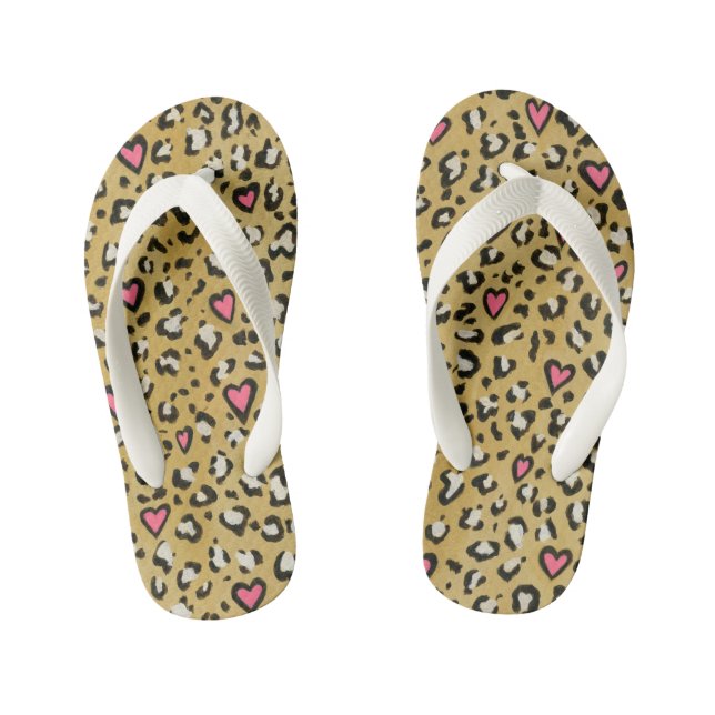 Leopard heart / leopard animal print pink heart kid's flip flops (Footbed)