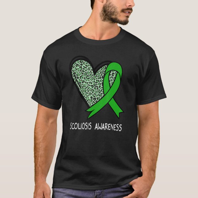 Leopard Heart Scoliosis Awareness Green Ribbon T-Shirt (Front)