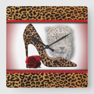Leopard & High Heel & Red Rose Square Wall Clock
