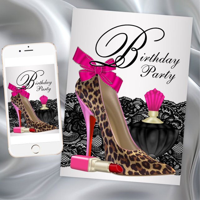 Leopard High Heel Shoe Birthday Party Invitation (Leopard high heel shoe girl things invitation. Instant download and printed invitations available.)