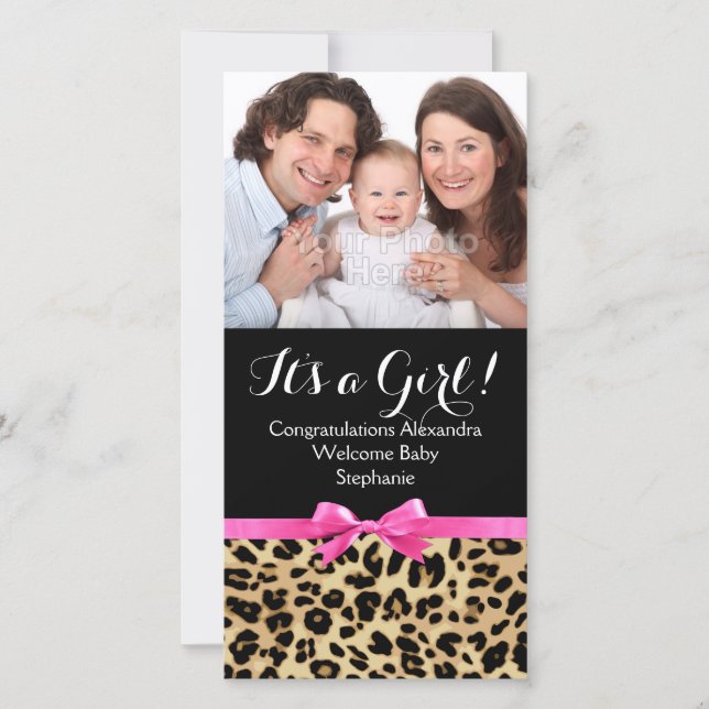 Leopard Hot Pink Bow Its a Girl Safari Baby Shower Announcement (Front)
