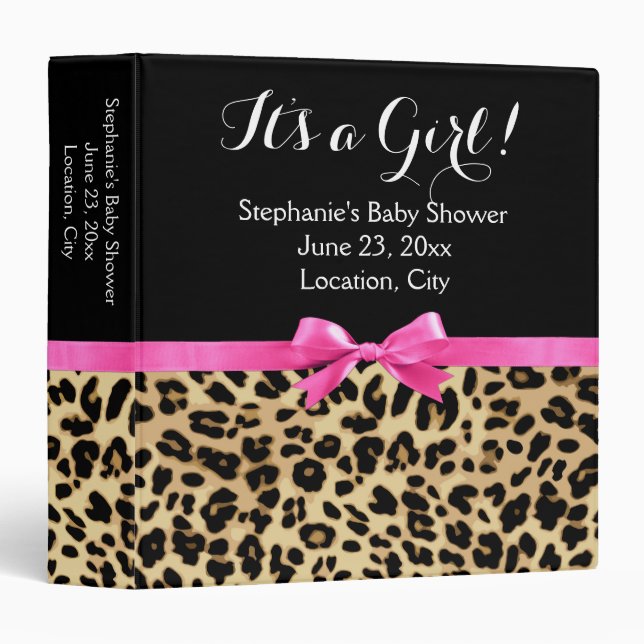 Leopard Hot Pink Bow Its a Girl Safari Baby Shower Binder (Front/Spine)