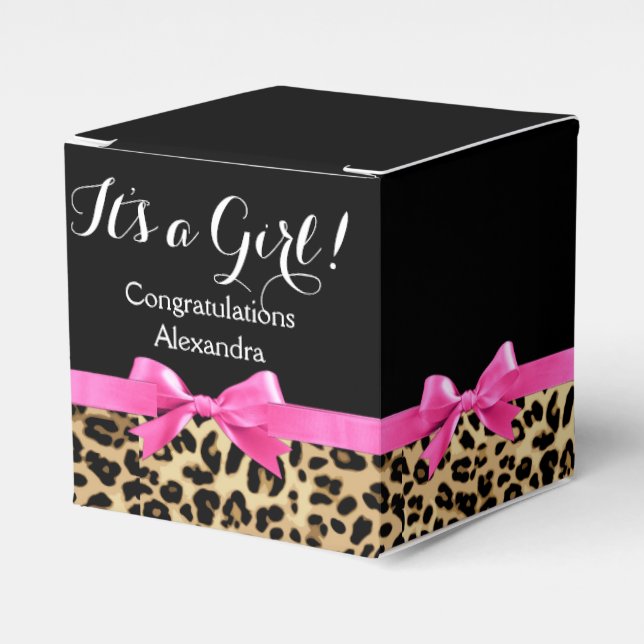 Leopard Hot Pink Bow Its a Girl Safari Baby Shower Favor Box (Front Side)