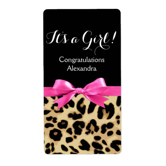 Leopard Hot Pink Bow Its a Girl Safari Baby Shower Shipping Label