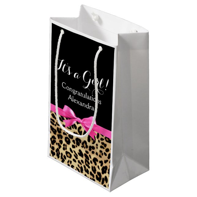 Leopard Hot Pink Bow Its a Girl Safari Baby Shower Small Gift Bag (Front Angled)