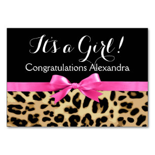 Leopard Hot Pink Bow Its a Girl Safari Baby Shower Table Number