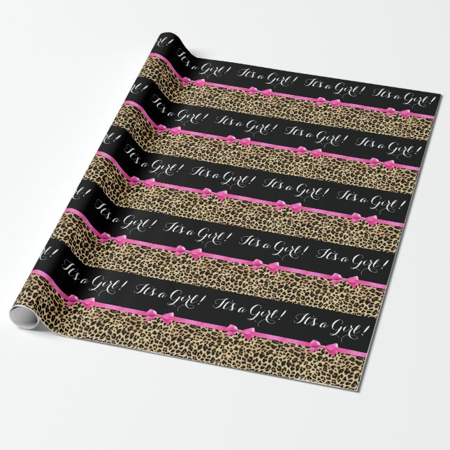 Leopard Hot Pink Bow Its a Girl Safari Baby Shower Wrapping Paper (Unrolled)