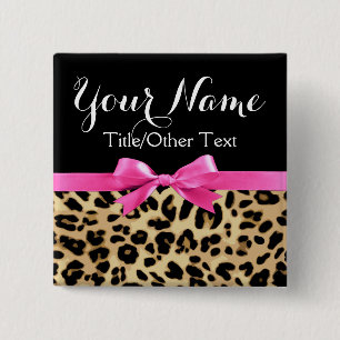 Leopard Hot Pink Bow Personalized Name Tag 2 Inch Square Button