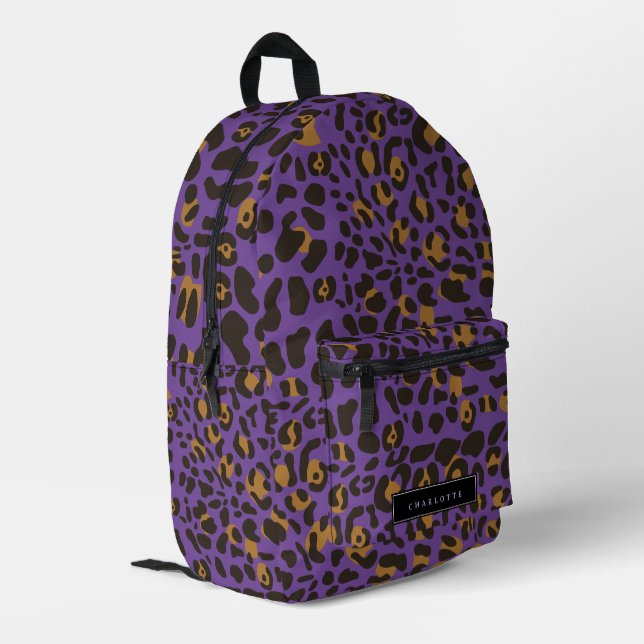 Leopard Jaguar Animal Print Purple Custom Name Printed Backpack (Back Corner Left)