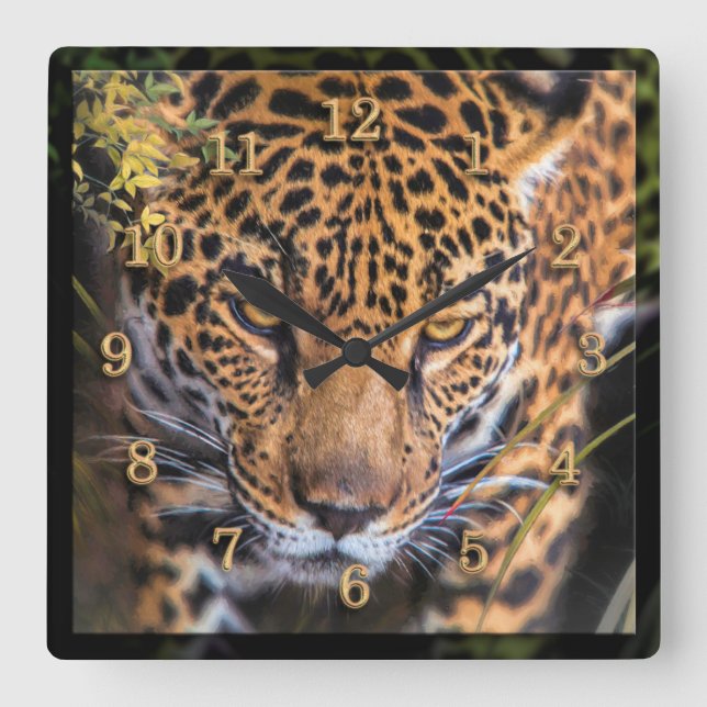 LEOPARD JUNGLE ENCOUNTER SQUARE WALL CLOCK (Front)