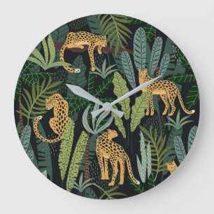 Leopard Jungle Forest Illustration Seamless  Large Clock