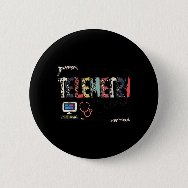 Leopard Lettering Telemetry Crew Cardiac Telemetry 2 Inch Round Button (Front)