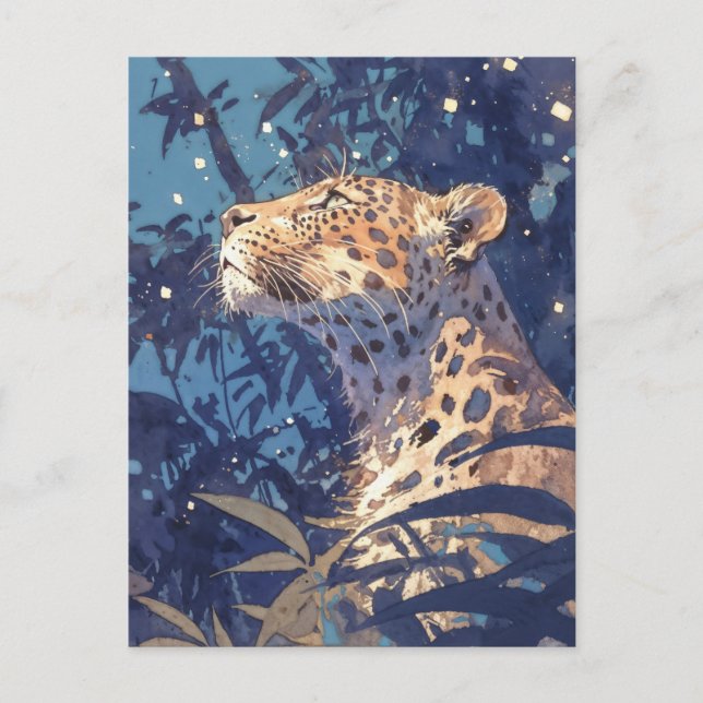 Leopard Looking Up at Starry Sky in Indigo Jungle Postcard (Front)