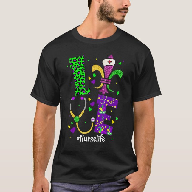 Leopard Love Nurse Life Scrub Nursing Mardi Gras W T-Shirt (Front)