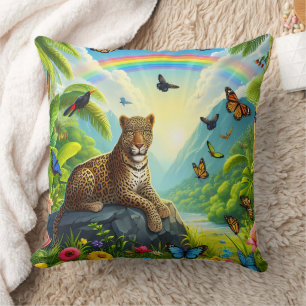 Leopard Majesty: Colourful Jungle Foliage Throw Pillow
