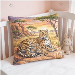 Leopard Mama And Cubs Safari Animals Throw Pillow