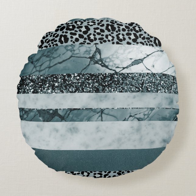 Leopard Marble Glitter Stripes Glam 2 Round Pillow (Front)