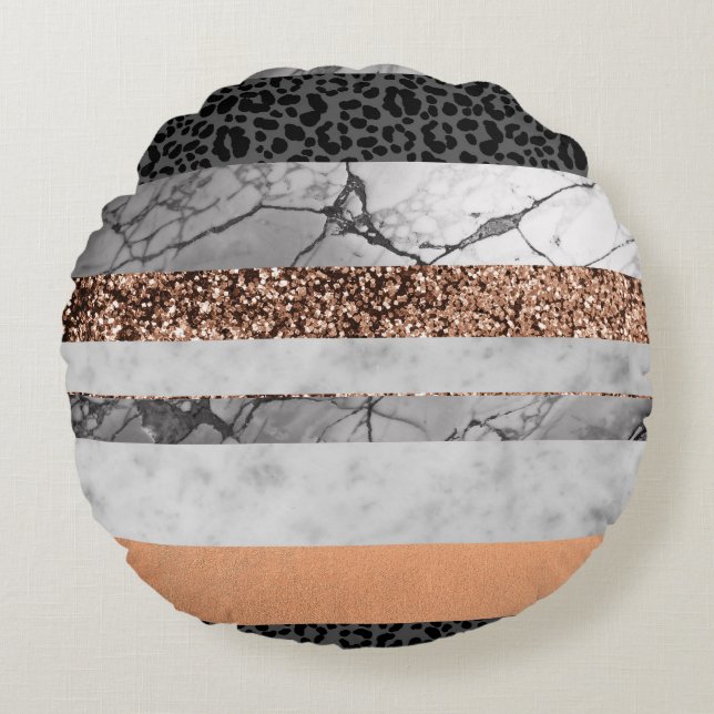 Leopard Marble Glitter Stripes Glam 3 Round Pillow (Front)