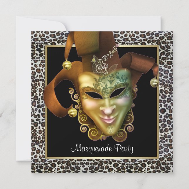 Leopard Mask Black and Gold Masquerade Party Invitation (Front)