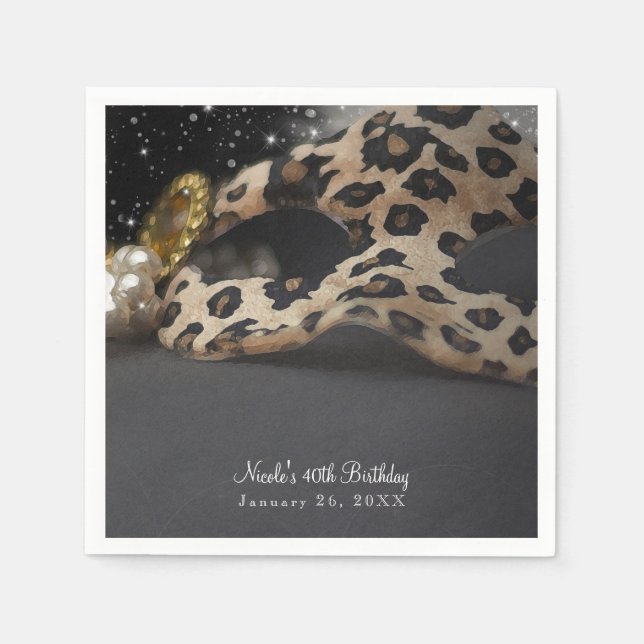 Leopard Masquerade Mask & Pearl Birthday Party Napkin (Front)
