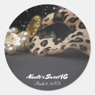 Leopard Masquerade Mask & Pearls Party Favour Classic Round Sticker