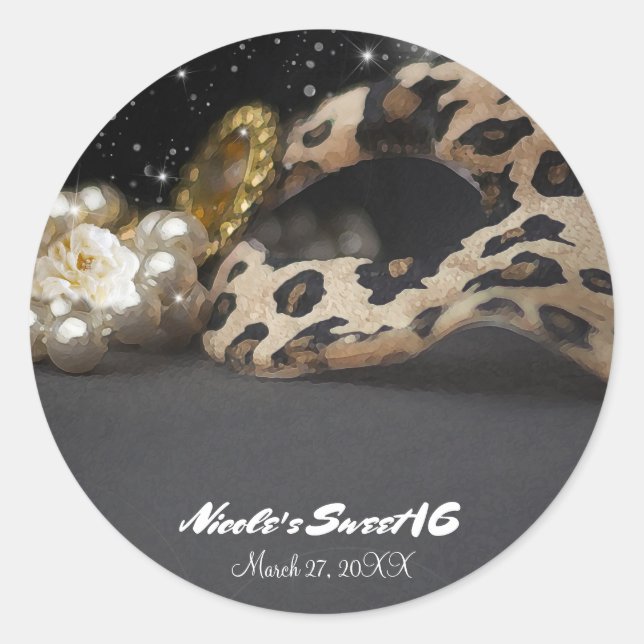 Leopard Masquerade Mask & Pearls Party Favour Classic Round Sticker (Front)