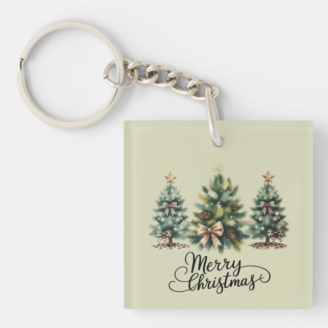 Leopard Merry Christmas Tree Coquette Bow Xmas Keychain (Front)