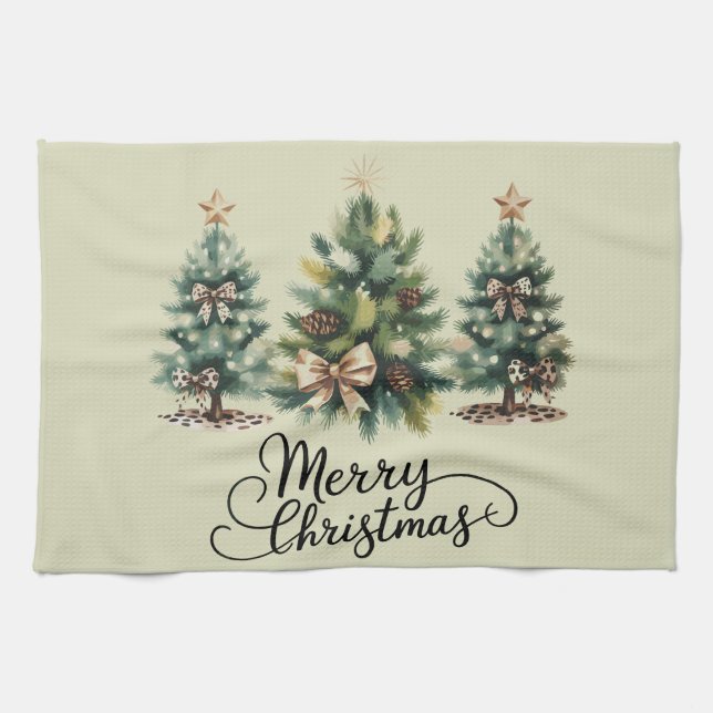 Leopard Merry Christmas Tree Coquette Bow Xmas Kitchen Towel (Horizontal)