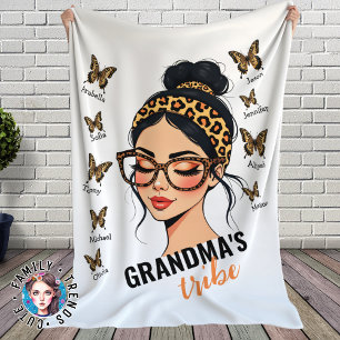 Leopard Messy Bun and Butterflies Custom Names Fleece Blanket
