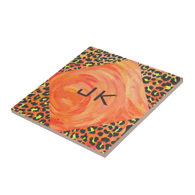 Leopard Monogram Orange and Yellow Print Tile (Side)