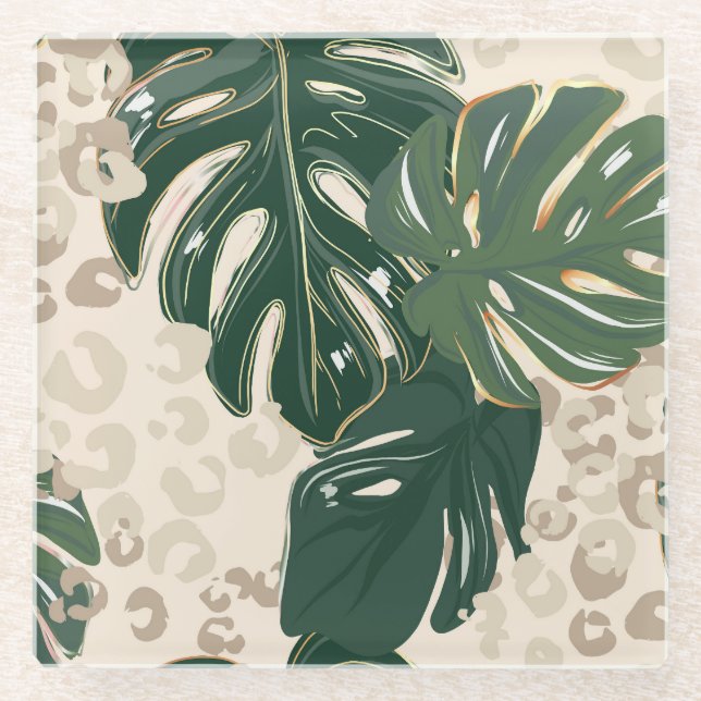 Leopard Monstera: Jungle Print Vintage. Glass Coaster (Front)