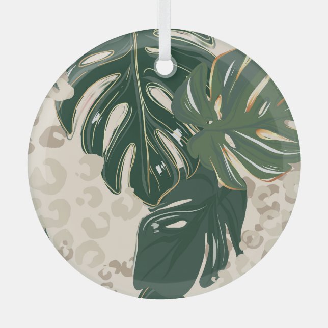 Leopard Monstera: Jungle Print Vintage. Glass Ornament (Front)