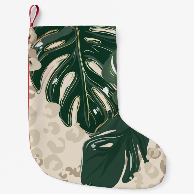 Leopard Monstera: Jungle Print Vintage. Small Christmas Stocking (Front)