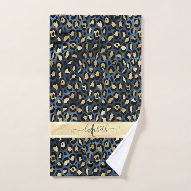 Léopard Motif bleu or Monogramme (Serviette à main)