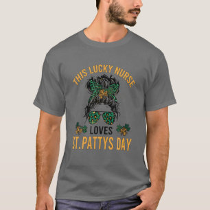 Leopard Nurse And Messy Bun Lucky Nurse Loves St. T-Shirt