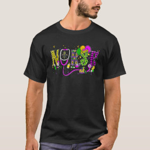 Leopard Nurse Mardi Gras Mask And Beads Stethoscop T-Shirt