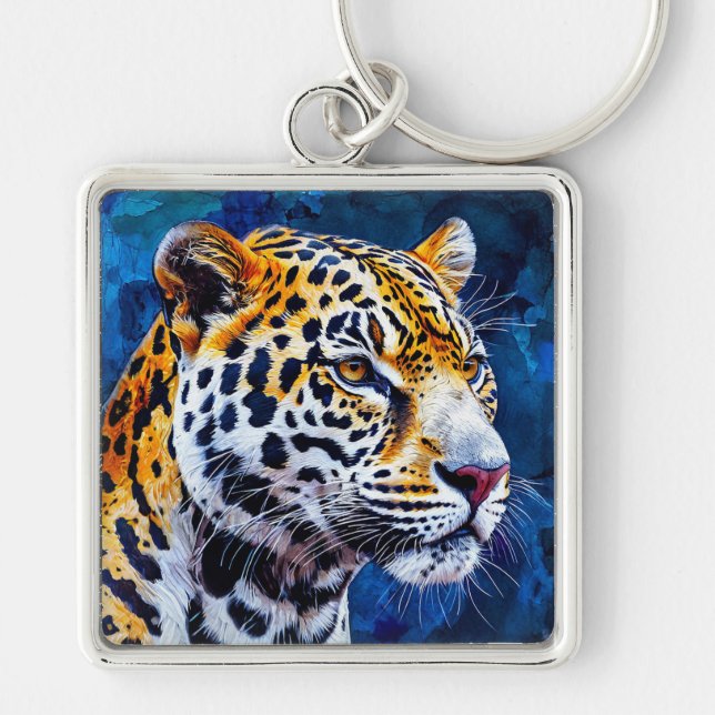 Leopard on blue background keychain (Front)