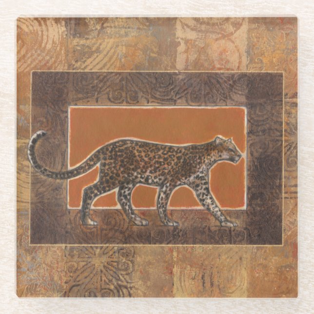 Leopard on Orange and Brown Background Glass Coaster (Front)