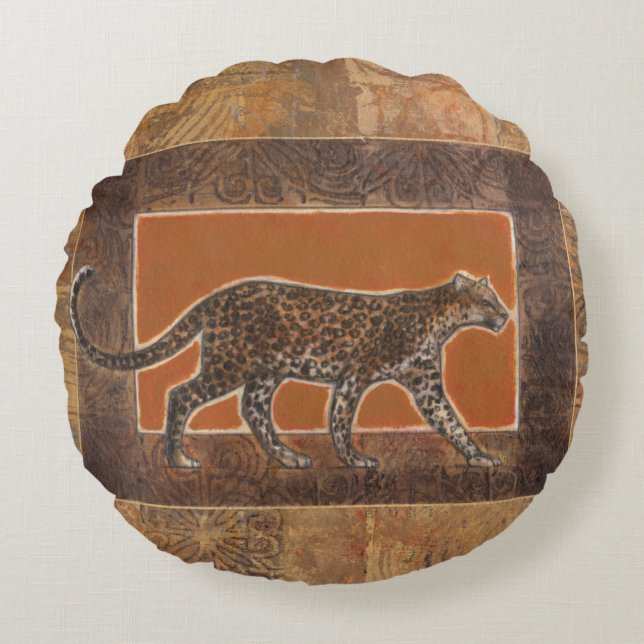 Leopard on Orange and Brown Background Round Pillow (Front)