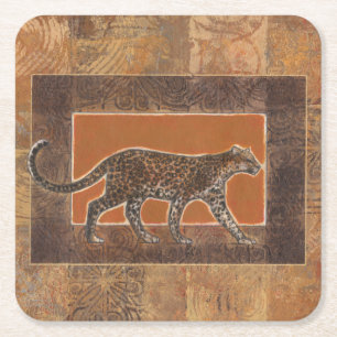 Leopard on Orange and Brown Background Square Paper Coaster