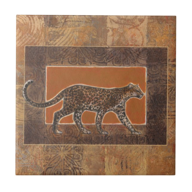 Leopard on Orange and Brown Background Tile (Front)