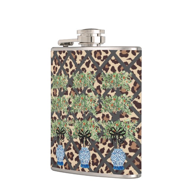  Leopard Orange Topiary Chinoiserie Ginger Jar  Hip Flask (Left)