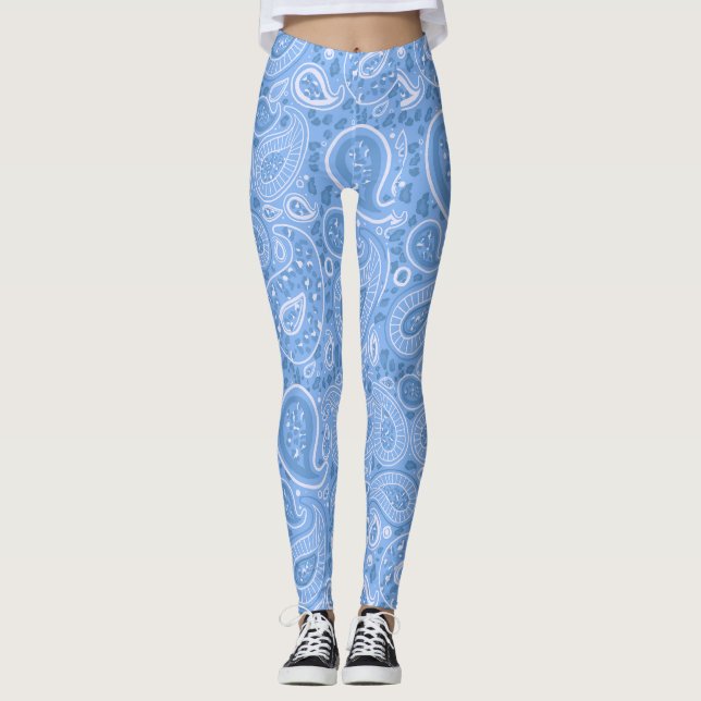 Leopard Paisley Seamless Pattern Blue elegant Yoga Leggings (Front)