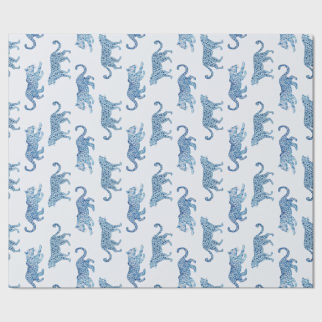 Leopard Parade in Blue and White Wrapping Paper (Seam)