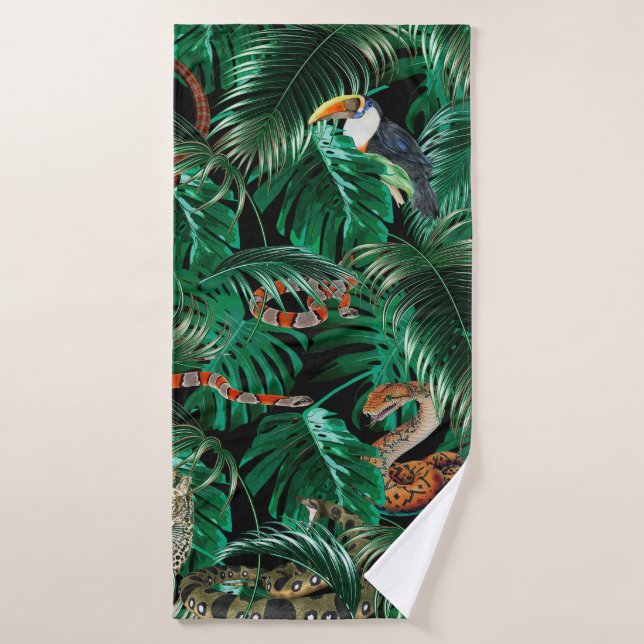 leopard, parrots and snakes in the dark forest.  bath towel (Bath Towel)