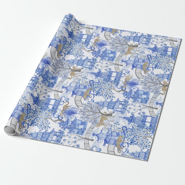Leopard Party in the Pagoda Forest-Blue and White Wrapping Paper (Unrolled)